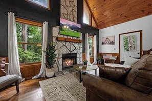 Smart TV, fireplace, books, stereo