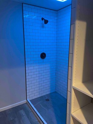 Combined shower/tub, hair dryer, towels, soap