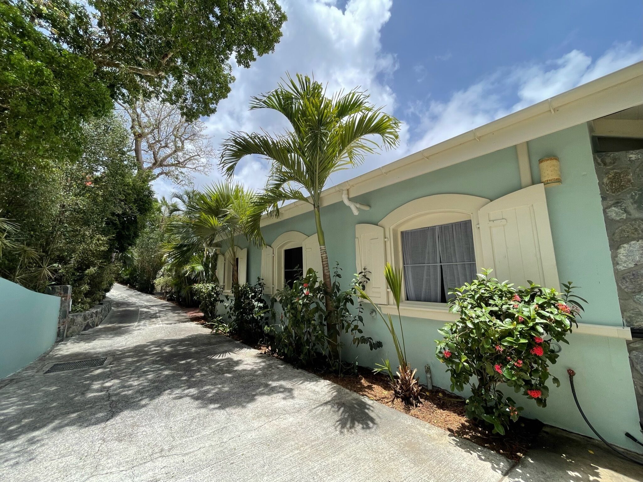 A pathway lined with tropical plants and a building with arched windows and a light blue facade.