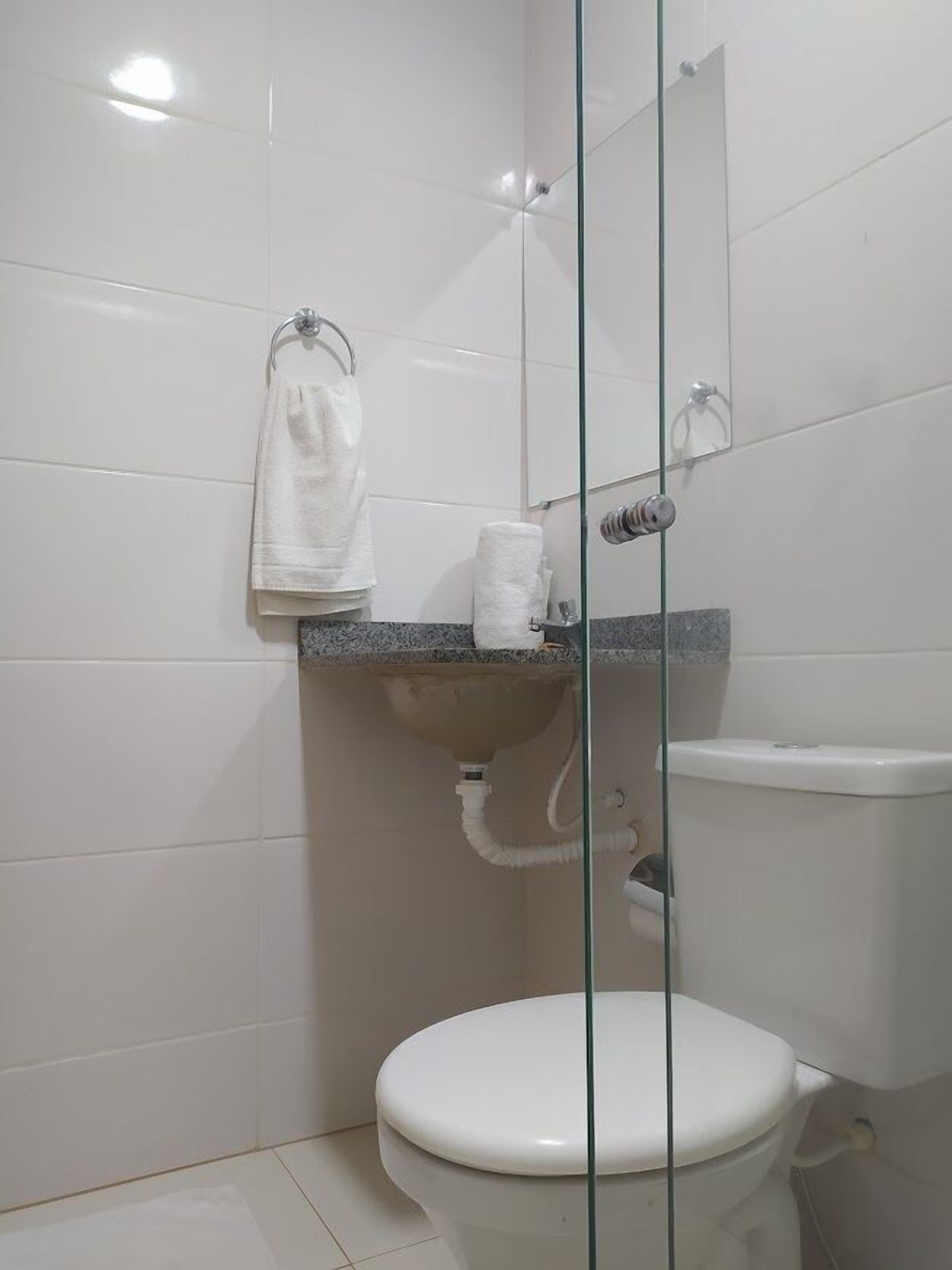 A small, modern bathroom with a glass shower enclosure, a white toilet, and a granite countertop with a sink.