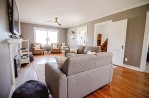 Smart TV, fireplace, DVD player, books