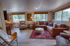 Smart TV, fireplace, video games, DVD player - Cool Vintage Lake Cottage: Firepit, Kayaks, Bikes, horseshoe pit, outdoor movies (Lakeside)