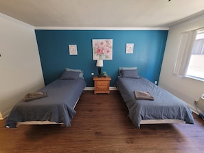 Two single beds with grey bedspreads and pillows, a nightstand with a lamp and a potted plant, and a window.