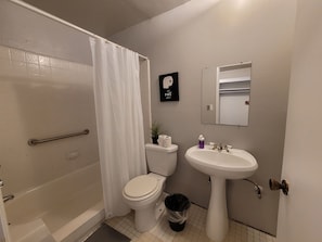 Enjoy a refreshing shower in this bathroom with a walk-in shower, standard toilet, and pedestal sink.