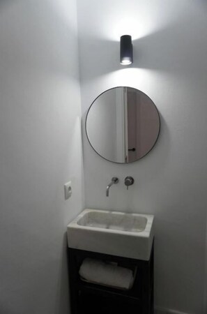Shower, hair dryer, soap, toilet paper