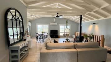 Smart TV, fireplace, video games, DVD player