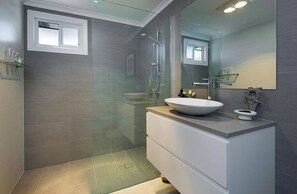 Combined shower/bathtub, hair dryer, towels, soap