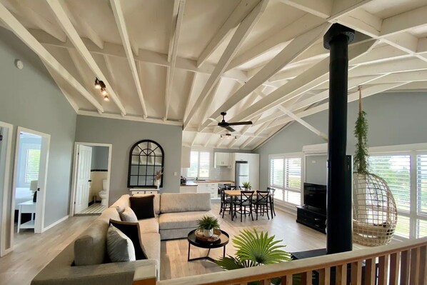 Smart TV, fireplace, video games, DVD player