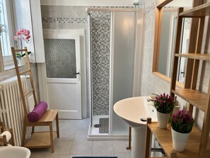 Shower, hair dryer, bidet, towels