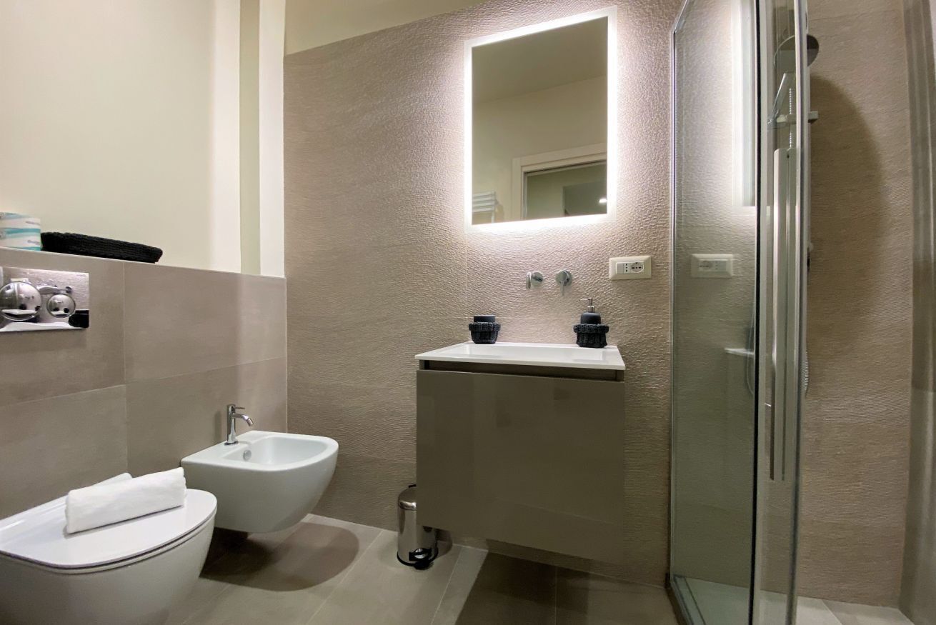 Shower, hair dryer, bidet, towels