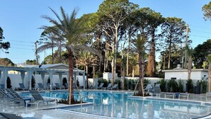 A swimming pool with lounge chairs and palm trees.