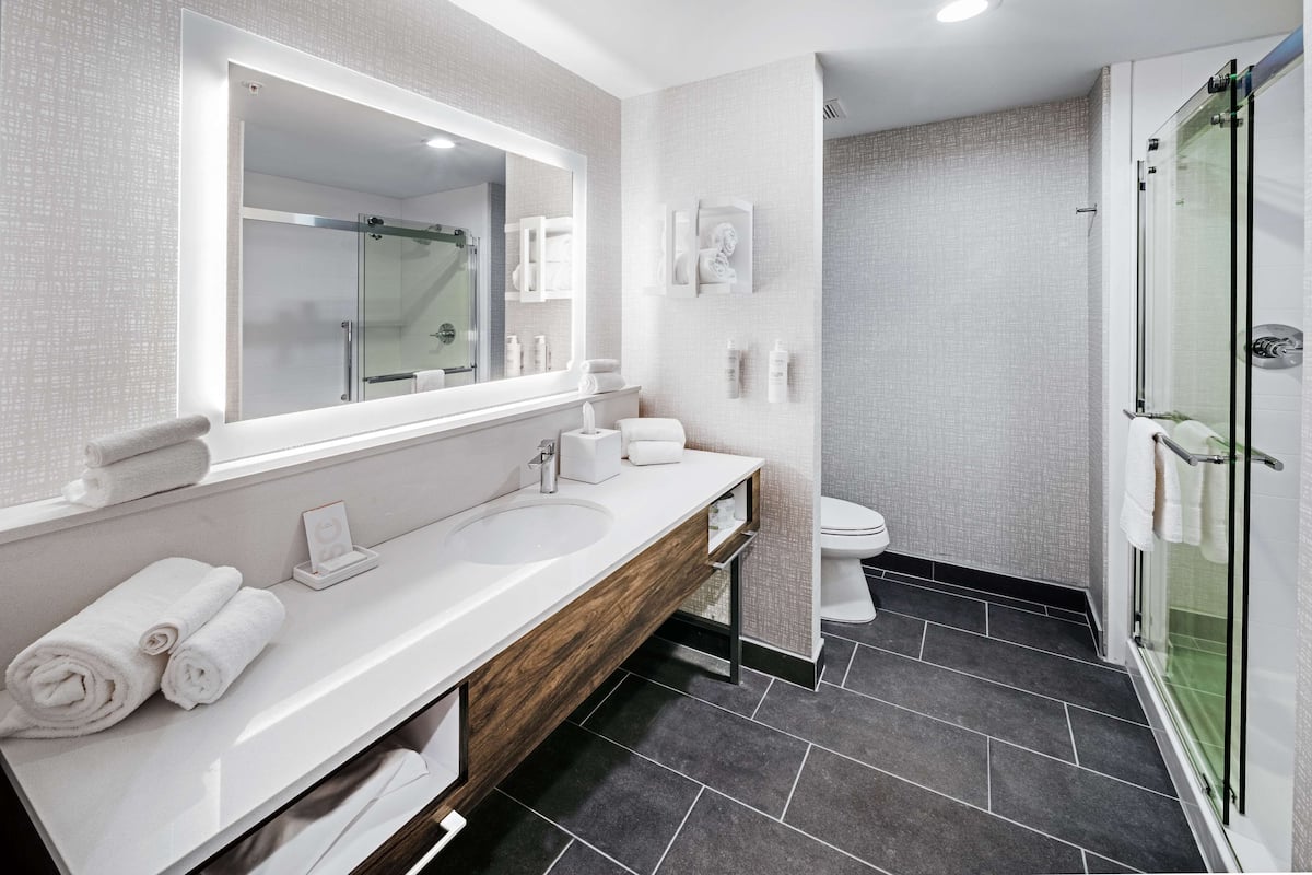 A modern bathroom with a large mirror, dual sinks, a wooden vanity, a toilet, and a glass shower enclosure.