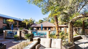 An outdoor patio area with a wicker sofa, a pool, and a pergola. - Serene Business-Friendly Getaway ~ ♛Queen Bed, Pkg (Ridgecrest)