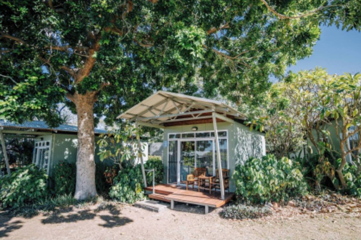 Ein Haus mit Veranda, einem großen Baum und einem Garten.