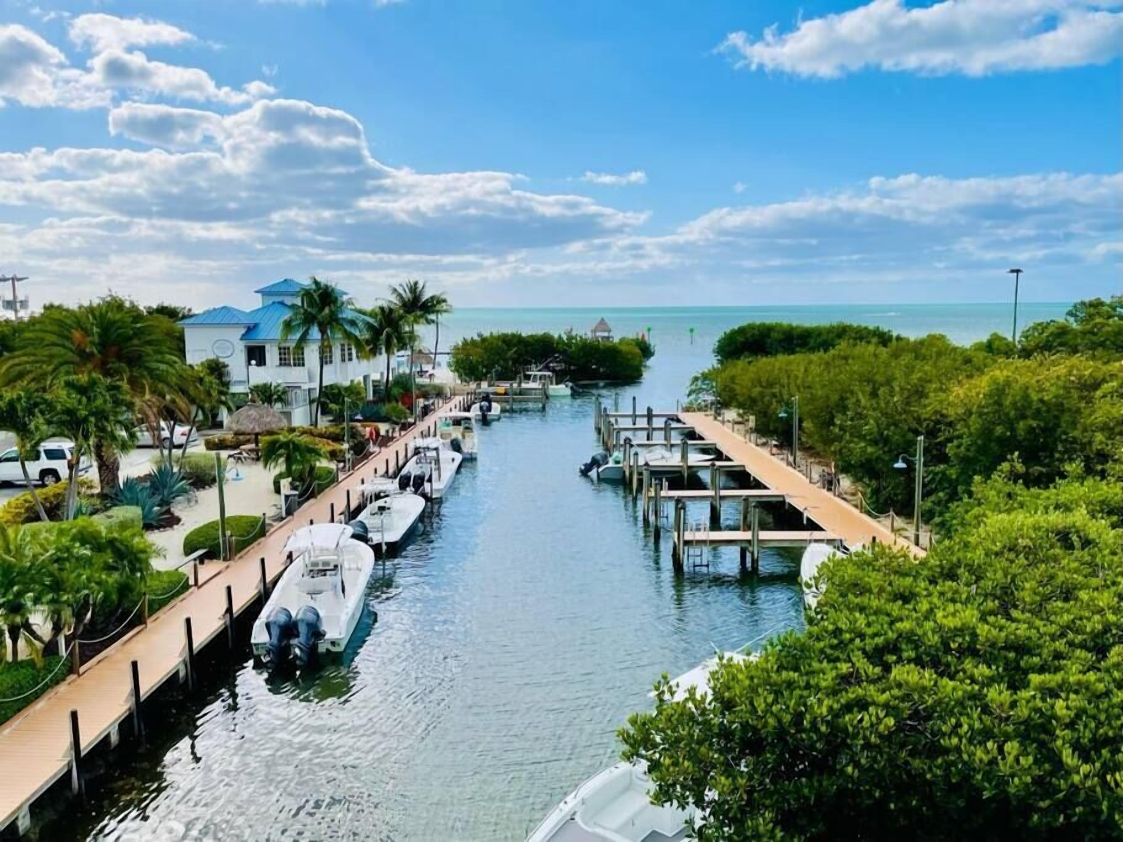 A marina with boats docked, a clear sky, and a view of the ocean.