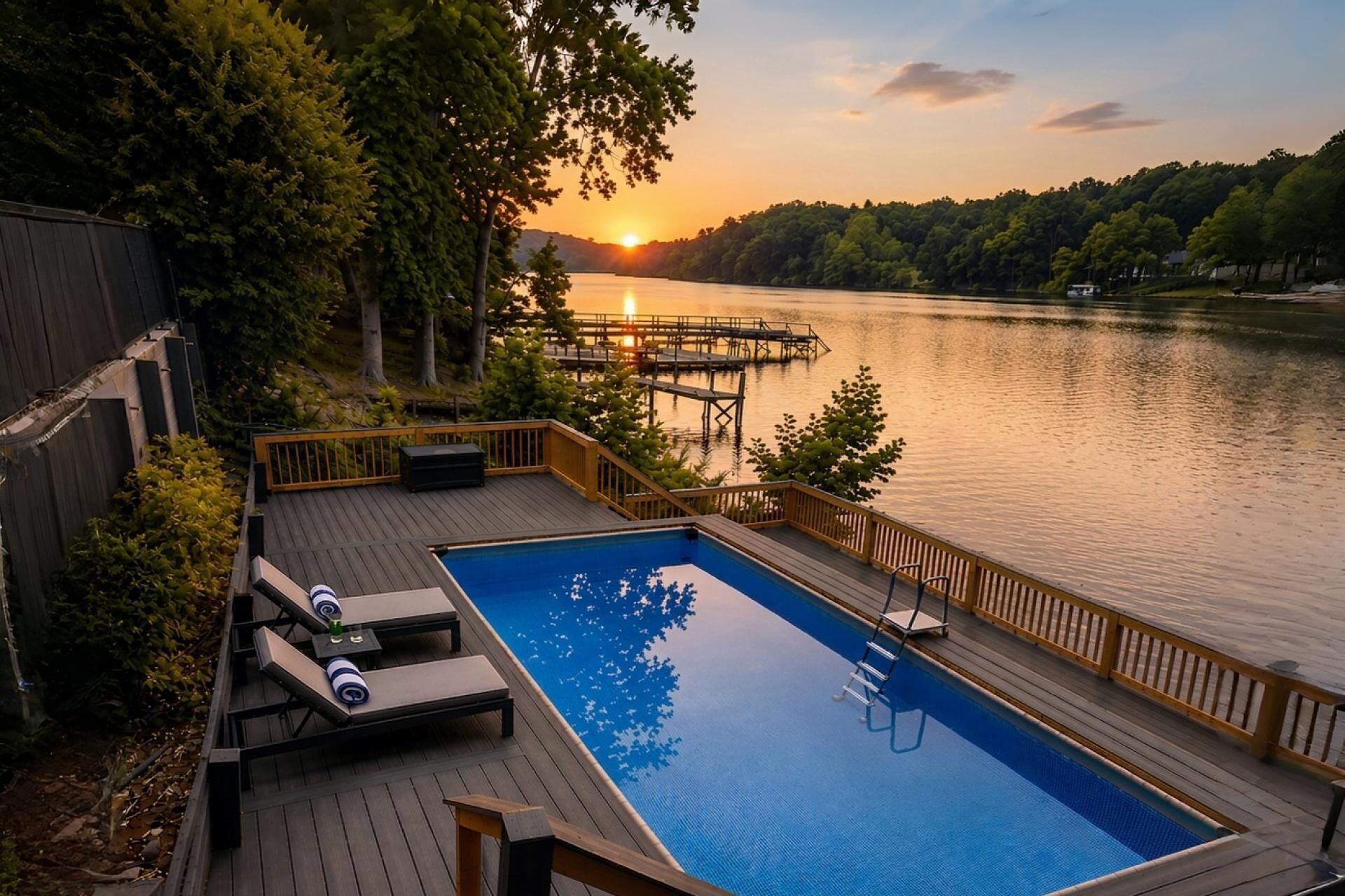 A swimming pool with lounge chairs, a dock, and a sunset view over a lake.