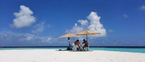 A beach scene with a clear sky, three people sitting under umbrellas, and a sandy beach.