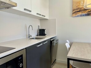 Fridge, microwave, dishwasher, coffee/tea maker
