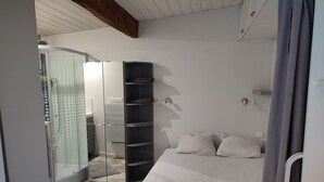 Une chambre à coucher comprenant un lit, une armoire et un espace douche.