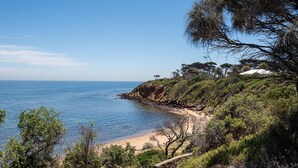 A coastal landscape with a sandy beach, rocky cliffs, and dense vegetation. - Aqua Views of the bay in Mornington (Mornington)