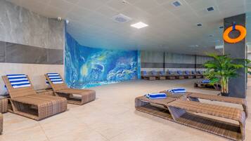 Sauna, hot tub, steam room, hot stone massages, deep-tissue massages