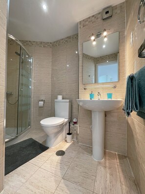 Shower, hair dryer, towels