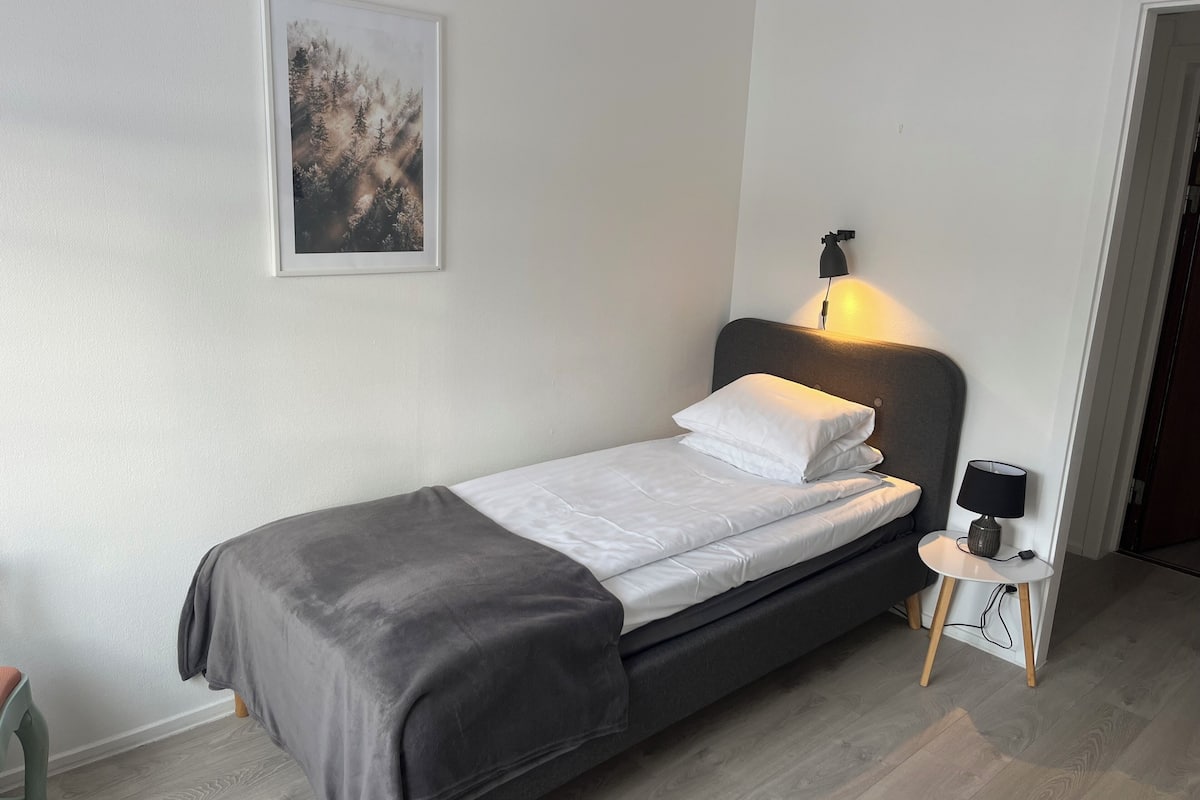 A single bed with a grey headboard and white bedding, a small bedside table with a lamp, and a framed picture on the wall.