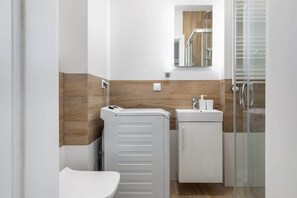 Shower, hair dryer, towels, shampoo