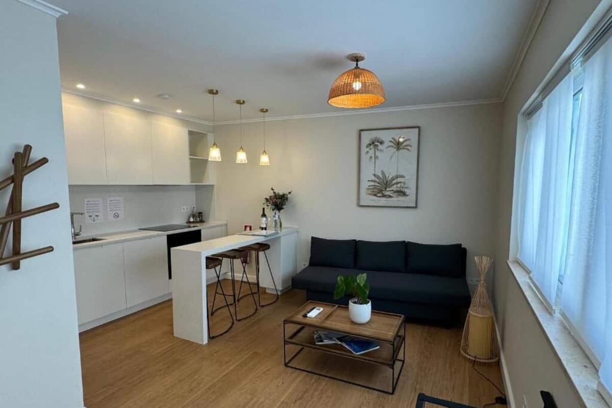 Un espace de vie moderne comprenant une cuisine, un coin repas, un canapé et une table basse.