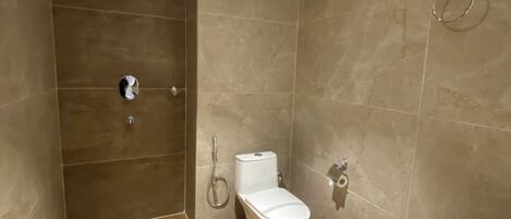 Une salle de bain avec douche, toilettes et lavabo.