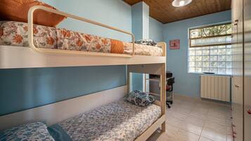 Camera con letto a castello, finestra, termosifone e scrivania.