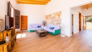 A spacious living area with a wooden ceiling, a stone wall, a wooden door, and a green sofa.