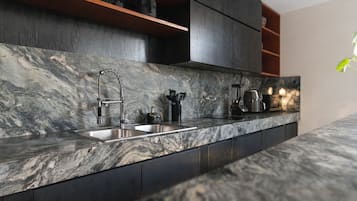 Luxury Penthouse | Private kitchen | Fridge, microwave, stovetop, coffee/tea maker
