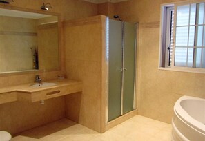 Bathtub, free toiletries, hair dryer, towels
