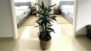 Een kamer met een grote potplant in het midden, twee bedden met grijze hoofdborden en een witte deurpost.
