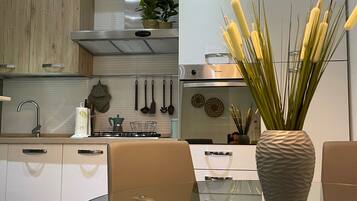 Kühlschrank, Ofen, Herdplatte, Wasserkocher mit Kaffee-/Teezubehör