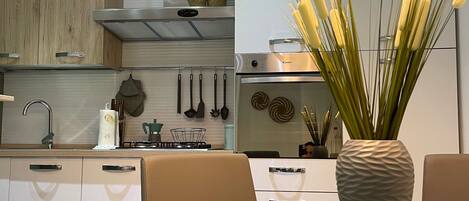 Fridge, oven, stovetop, coffee/tea maker