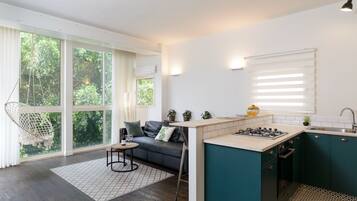 2 bedrooms, desk, blackout curtains, iron/ironing board