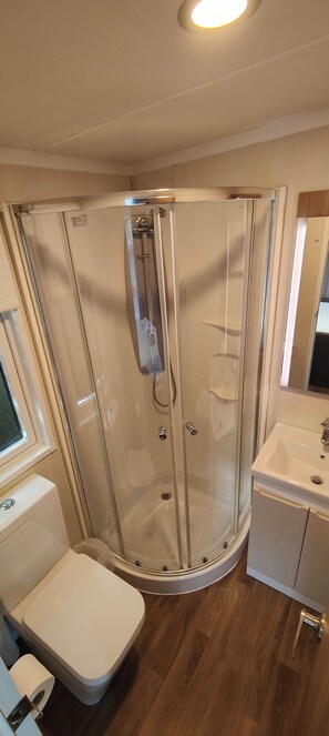 Bathroom features a glass-enclosed shower stall with handheld showerhead and control panel, a toilet, and a sink with mirror.