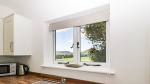 Eine Küche mit Spüle aus Edelstahl, einer Mikrowelle und einem Wasserkocher auf der Arbeitsplatte. Ein Fenster bietet Blick auf Grünflächen und Hügel.