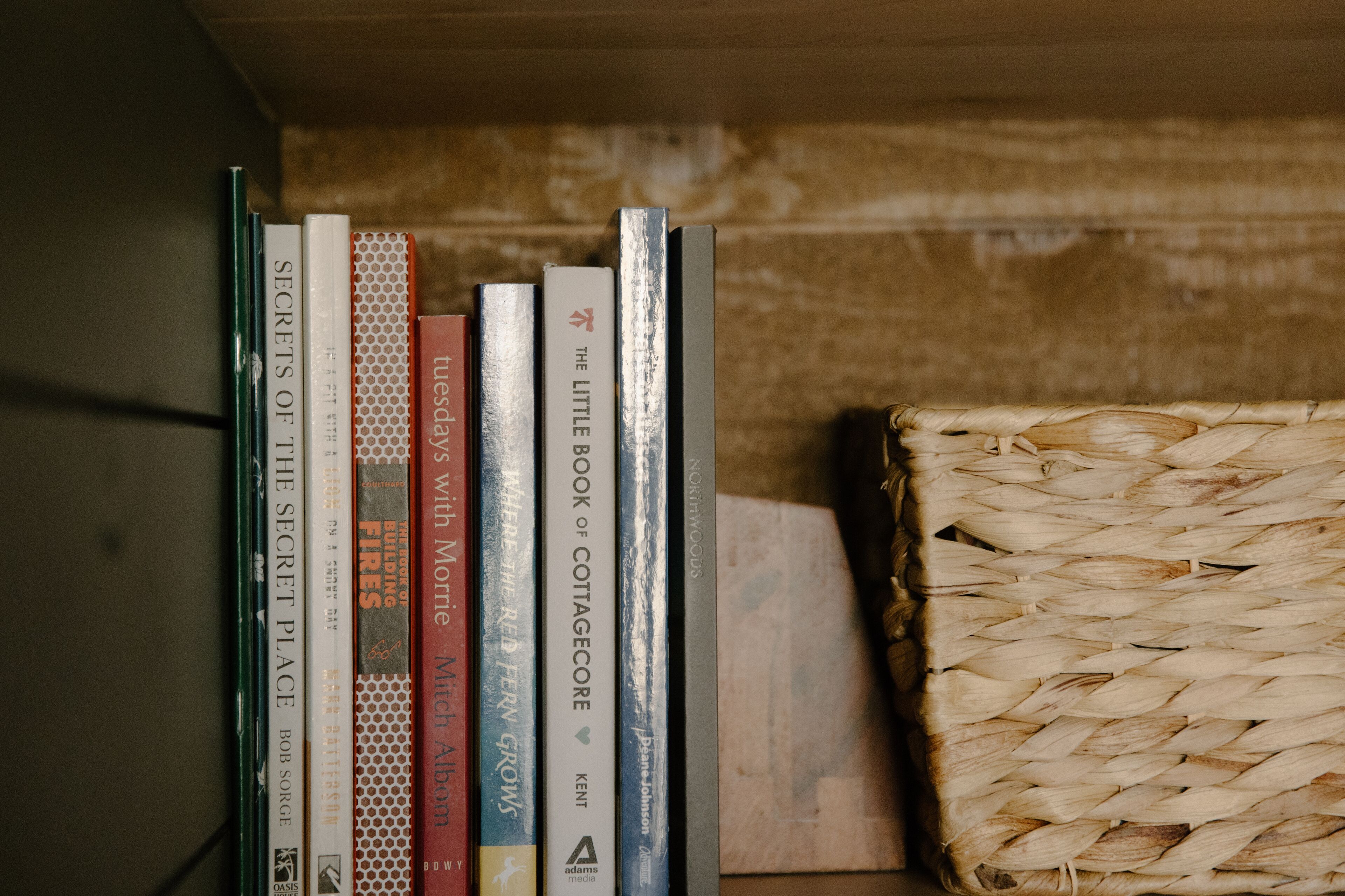 A bookshelf with books and a woven basket.