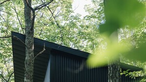 A cabin with a wooden exterior, a metal roof, and a small window with a light.