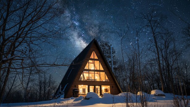 A wooden cabin with a triangular roof, large windows, and a snow-covered ground.