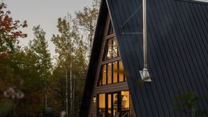 A modern house with a sloped roof, large windows, and a fire pit in the yard.