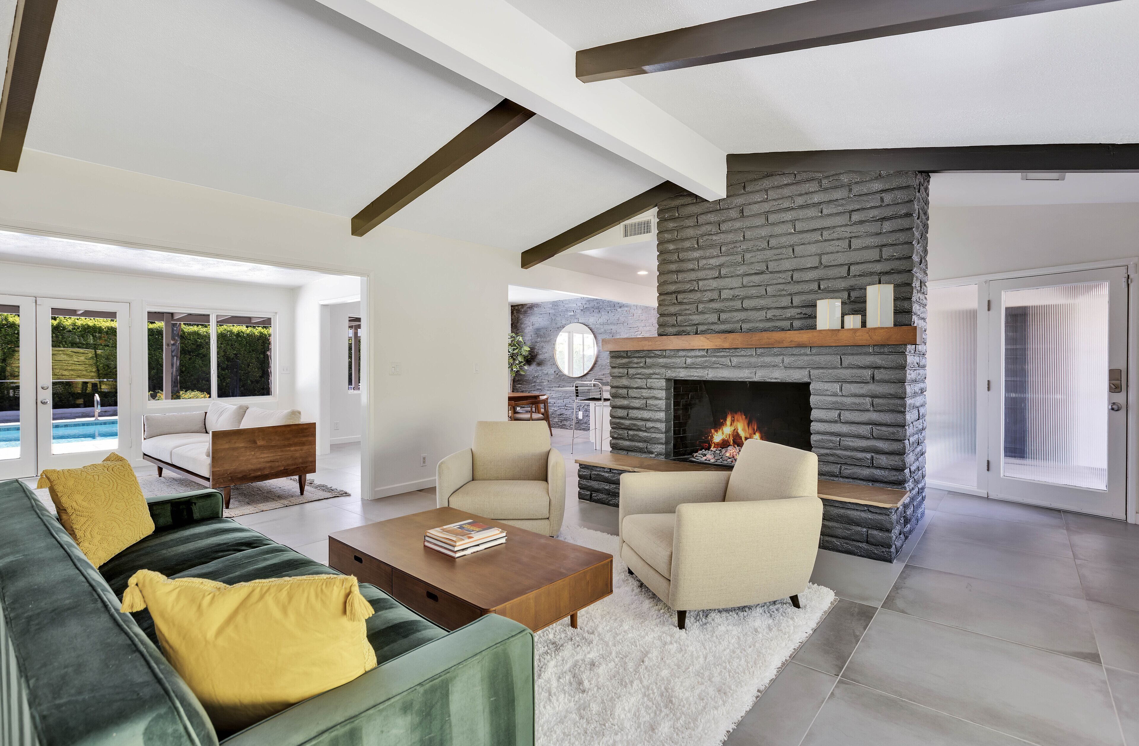 Smart TV, fireplace, foosball