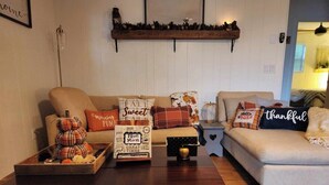 Un salon avec deux canapés, une table basse et des coussins décoratifs.