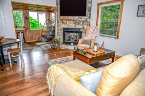 Smart TV, fireplace, books, music library