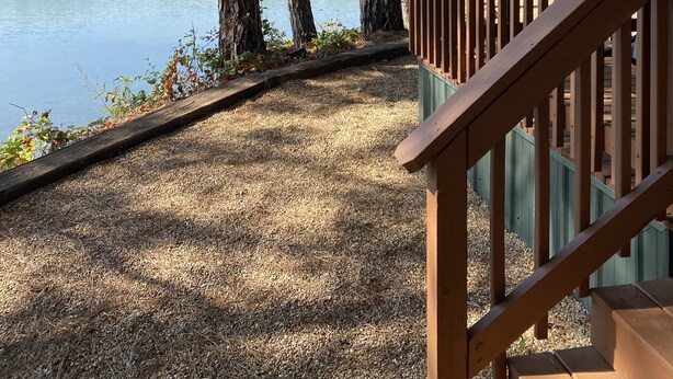 Une terrasse en bois offrant une vue sur un lac et des arbres.