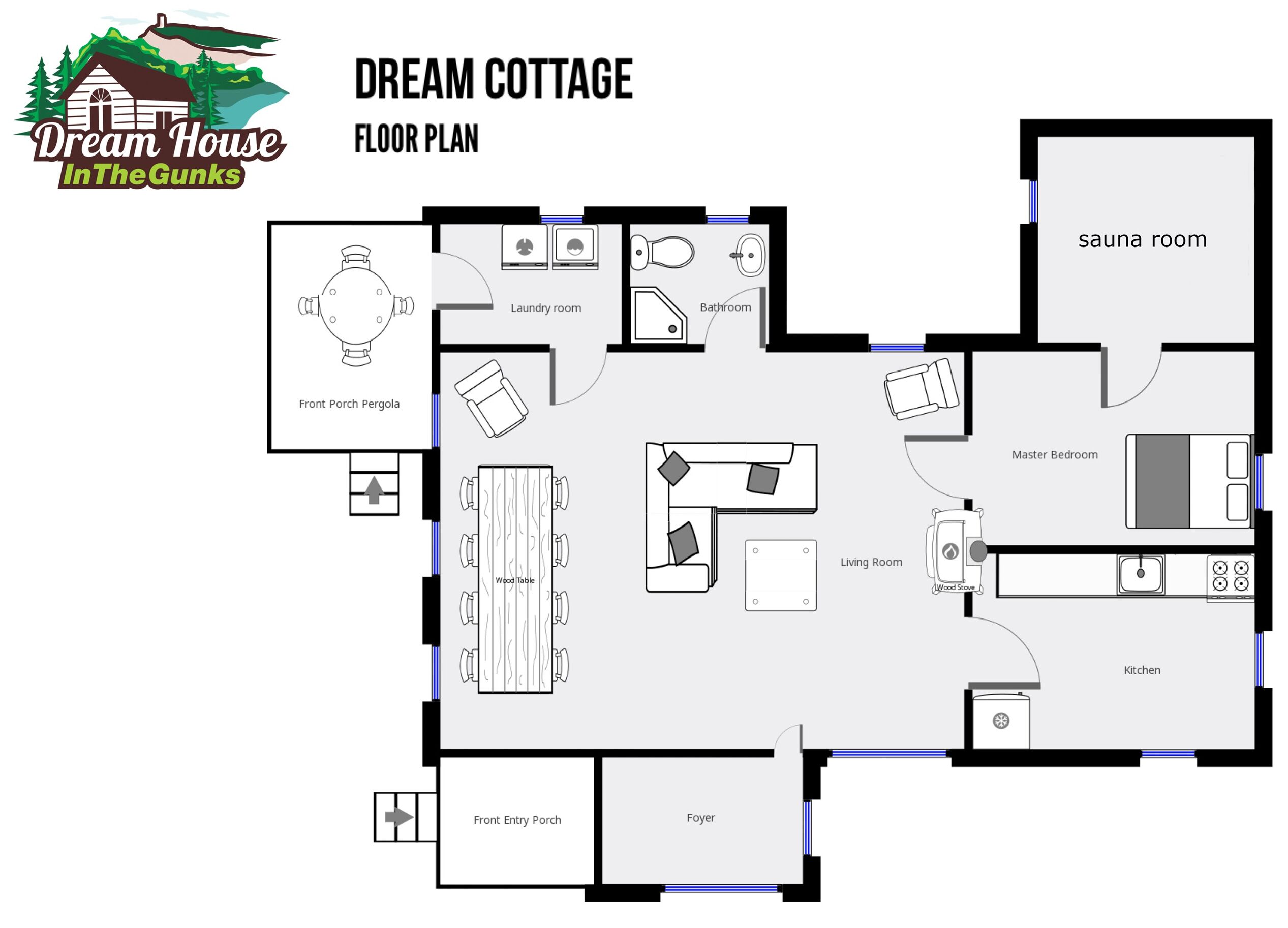 A floor plan of a Dream Cottage with a Front Porch Pergola, Laundry Room, Bathroom, Sauna Room, Master Bedroom, Living Room, Kitchen, Front Entry Porch, and Foyer.
