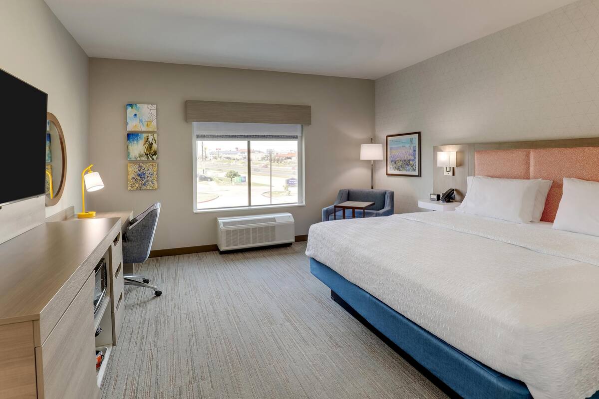 A hotel room with a bed, desk, chair, artwork, window, and a view of the outside.